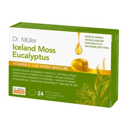 Dr. Muller pastilės gerklei islandinė kerpena su eukaliptu + vitaminu C + 20 žolelių mišiniu, 24 pastilės