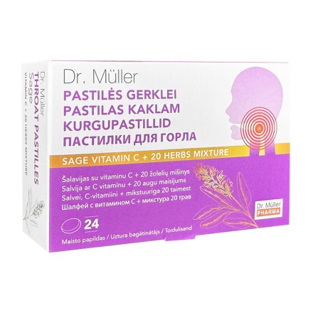 Dr. Muller pastilės gerklei šalavijas su vitaminu C + 20 žolelių mišinys, 24 pastilės