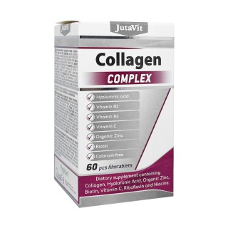 JutaVit kolageno kompleksas, hialurono rūgštis, organinis cinkas, vitaminas B2, B3, C, biotinas, 60 tablečių