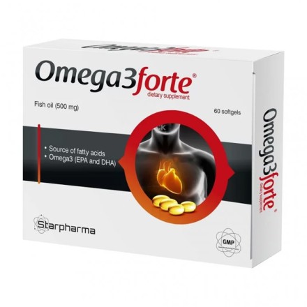 Starpharma omega 3 forte žuvų taukai 500 mg, 60 kapsulių