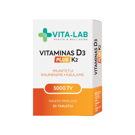 VITA-LAB vitaminas D3 5000 + K2, 30 tablečių