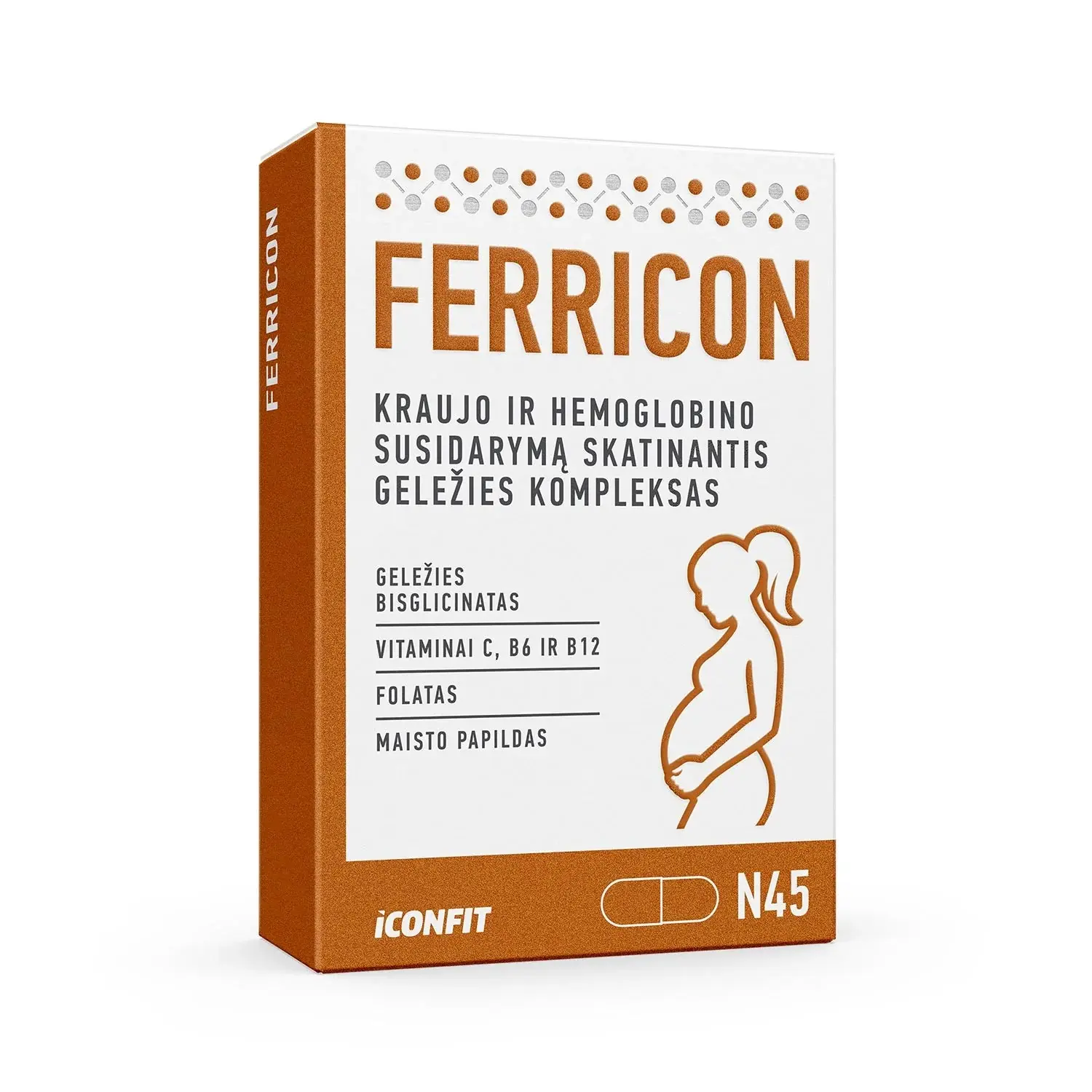 Iconfit Ferricon geležies kompleksas nėščioms moterims, 45 kapsulės