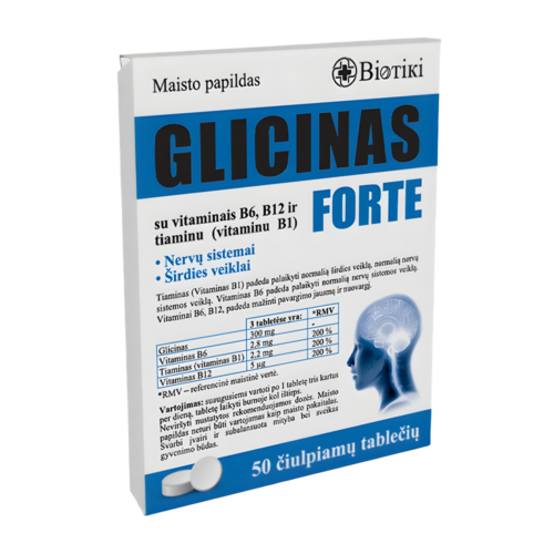 Biotiki Glicinas Forte su vitaminu B12, B6 ir B1 čiulpiamosios tabletės, 50 tablečių