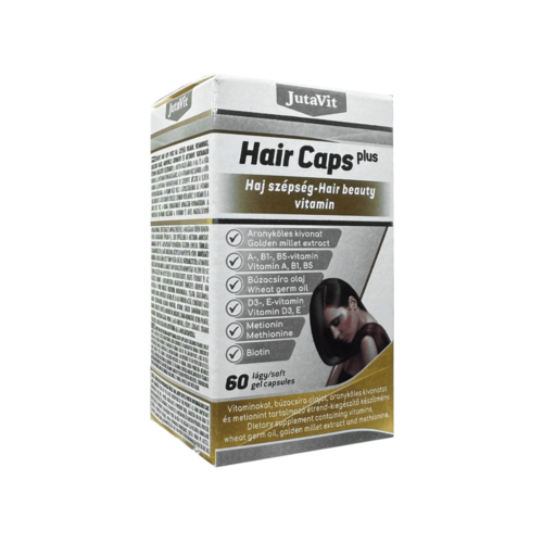 JutaVit Hair Caps Plus kviečių gemalų aliejus + auksinių sorų ekstraktas + metioninas, 60 kapsulių