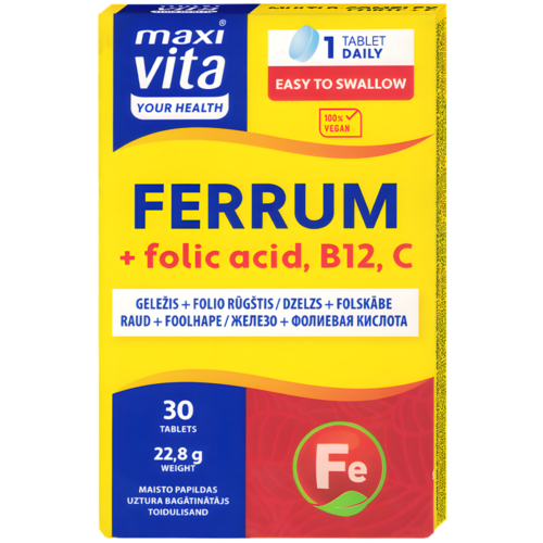 Geležis + folio rugštis B12, vitamin C, 30 tablečių