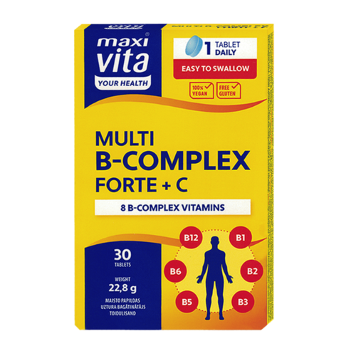 MaxiVita vitaminų B kompleksas Forte + vitaminas C, 30 tablečių