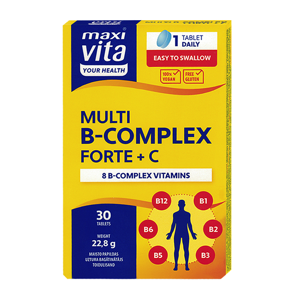 MaxiVita vitaminų B kompleksas Forte + vitaminas C, 30 tablečių