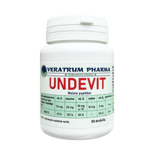 Undevit vitaminai C E B6 B1 B6 A B12 niacinas rutinas folio ir pantoteno rūgštis, 50 dražečių