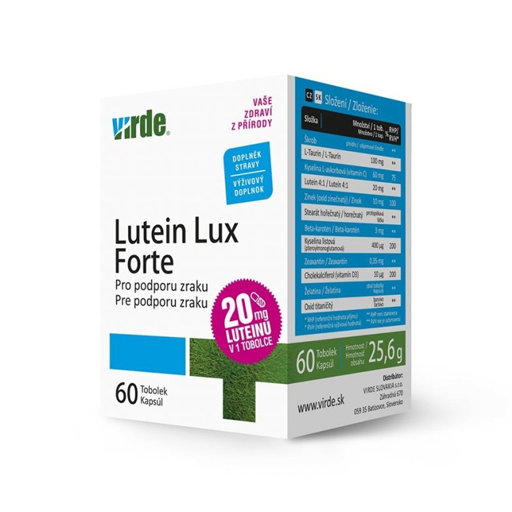 Virde Liutein Lux Forte taurinas + vitaminas C + liuteinas + beta-karotenas + folio rūgštis, zeaksantinas + vitaminas D, 60 kapsulių