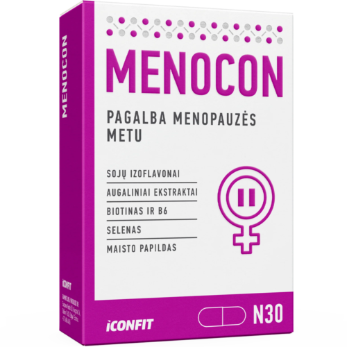 Iconfit Menocon menopauzei raudonųjų dobilų + sojų pupelių ekstraktai, 30 kapsulių